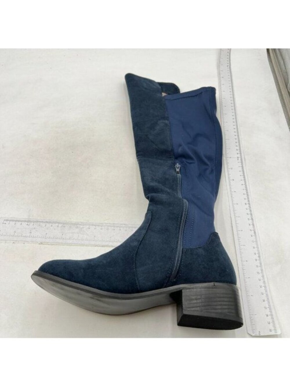 Navy Side Zipper Closed Toe Chunky Heels Patchwork Knee High Riding Long Boot